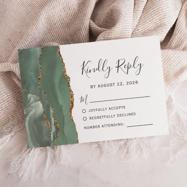 Sage Green Gold Agate Wedding RSVP Karte (Von Creator hochgeladen)