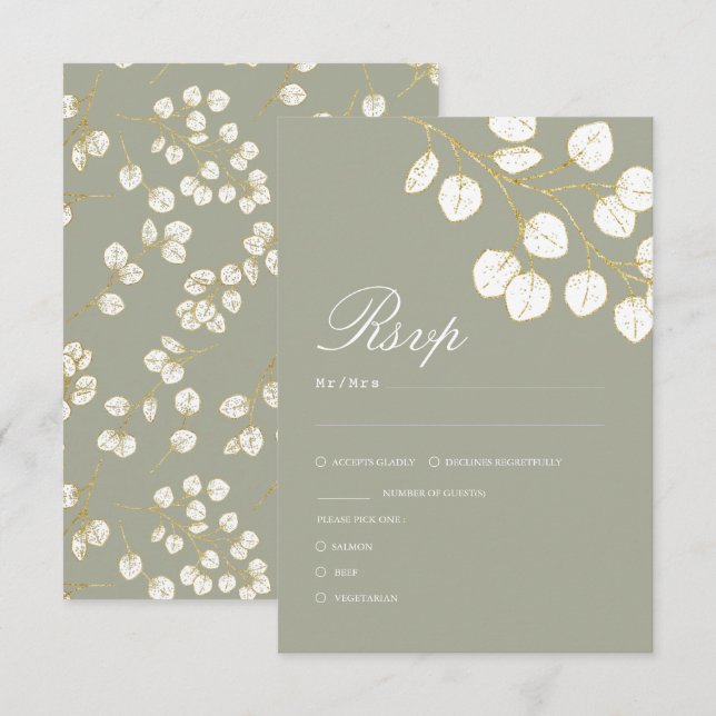 Sage Green Gold Blätter Grüne Hochzeit RSVP Karte (Vorne/Hinten)