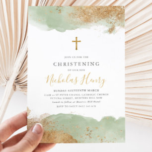 Sage Green Gold Cross Boys Taufe Christening Einladung