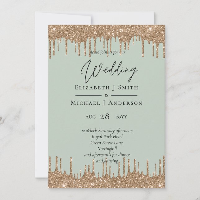 Sage Green Gold Dripping Glitzer Hochzeitsskript (Vorderseite)