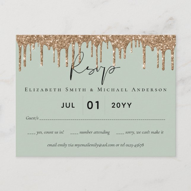 Sage Green Gold Dripping Glitzer Hochzeitsskript Postkarte (Vorderseite)