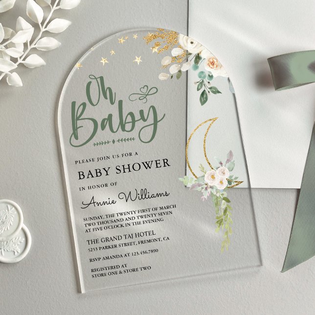 Sage Green Gold Elfenbeinblume Arch Baby Dusche Acryleinladungen (Von Creator hochgeladen)