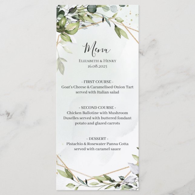 Sage green gold eucalyptus geometric wedding menu (Devant)