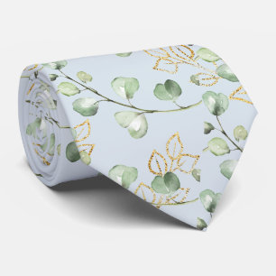 Sage Green & Gold Eucalyptus Light Blue Wedding Krawatte