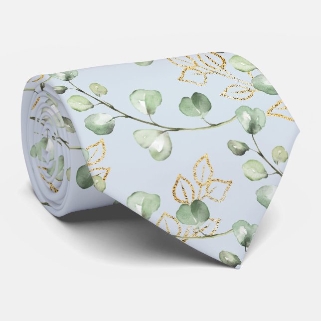 Sage Green & Gold Eucalyptus Light Blue Wedding Krawatte (Gerollt)