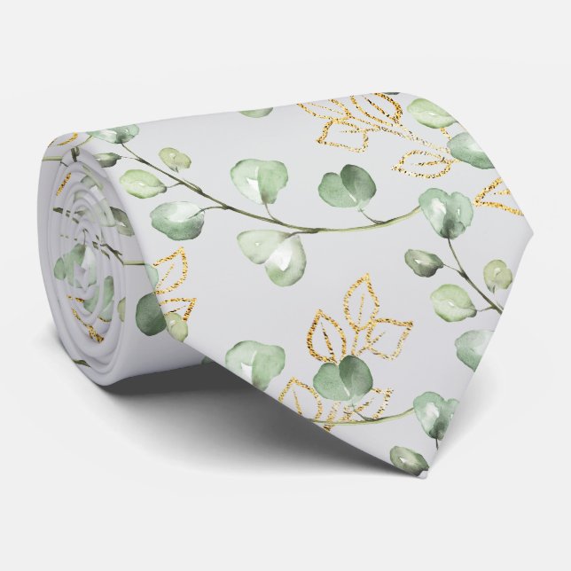 Sage Green & Gold Eukalyptus Dove Gray Wedding Krawatte (Gerollt)
