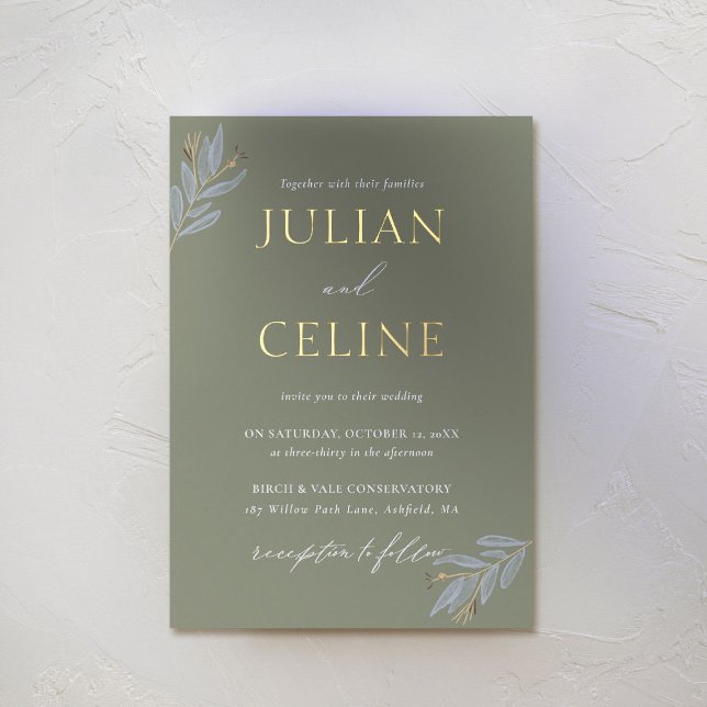 Sage Green Gold Fall Winter Grüne Hochzeit Folieneinladung (sage green wedding invitation gold minimal greenery modern classic simple elegant fall winter)