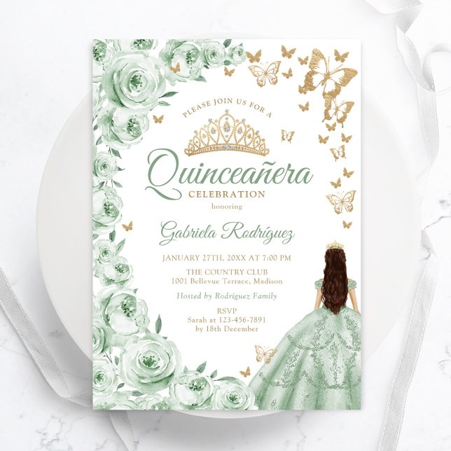 Sage Green Gold Floral Quinceanera Einladung (Von Creator hochgeladen)