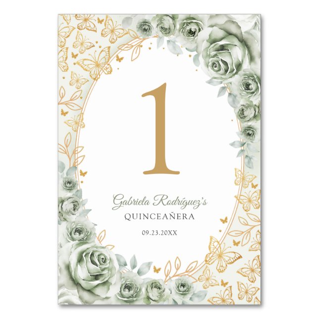 Sage Green Gold Floral Quinceanera Tischnummer (Vorderseite)