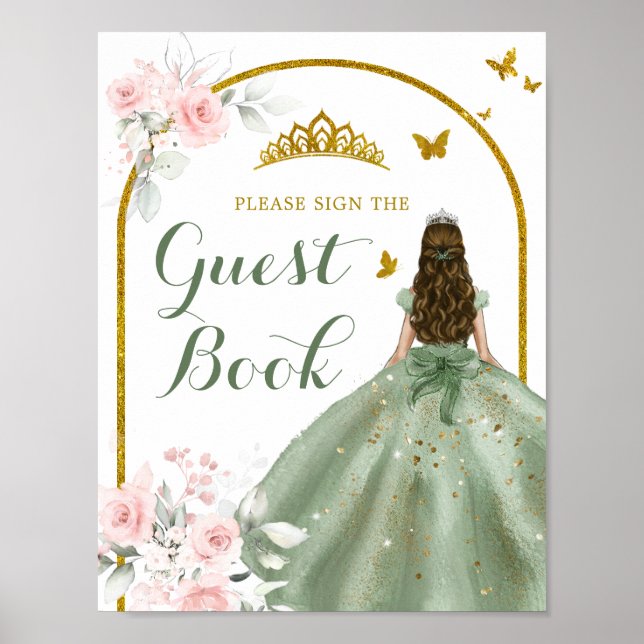 Sage Green Gold Floral Quinceñera Gästebuch (Vorne)