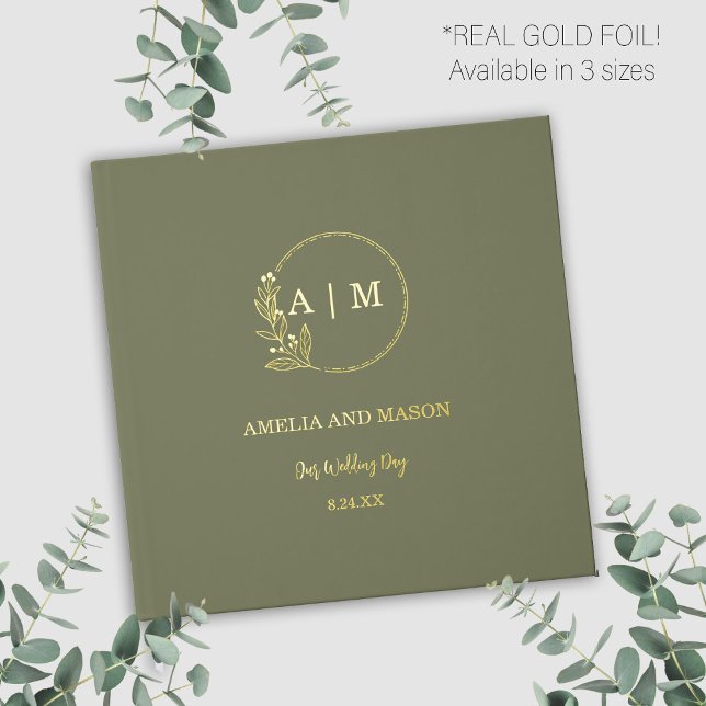Sage Green & Gold Foil Monogram Wedelbook Gästebuch (Sage Green and gold foil elegant modern monogram wedding guestbook)