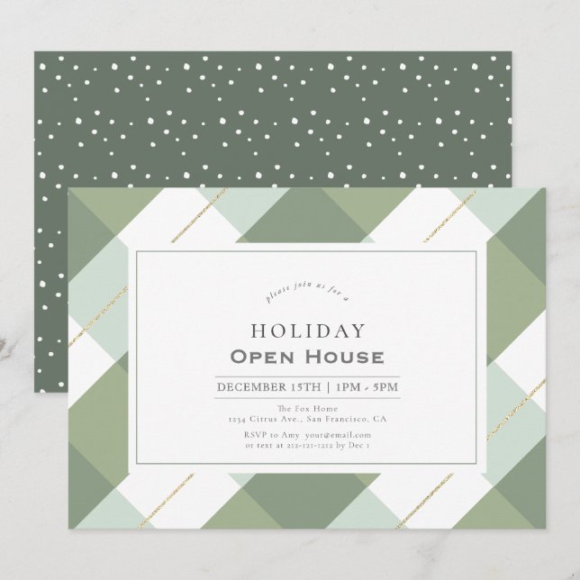 Sage Green & Gold Gingham Karo Holiday Open House Einladung (Vorne/Hinten)