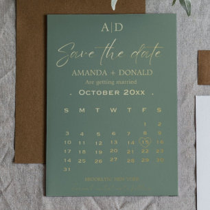 Sage Green Gold Kalender Hochzeit Speichern Sie da Folieneinladung