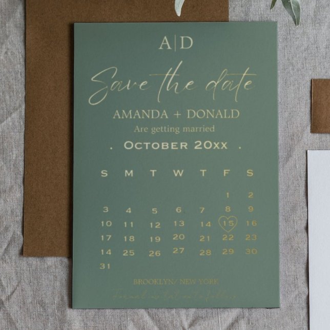 Sage Green Gold Kalender Hochzeit Speichern Sie da Folieneinladung (Von Creator hochgeladen)