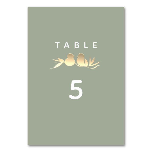 Sage Green Gold Lovebirds Hochzeit Tischnummer (Vorderseite)