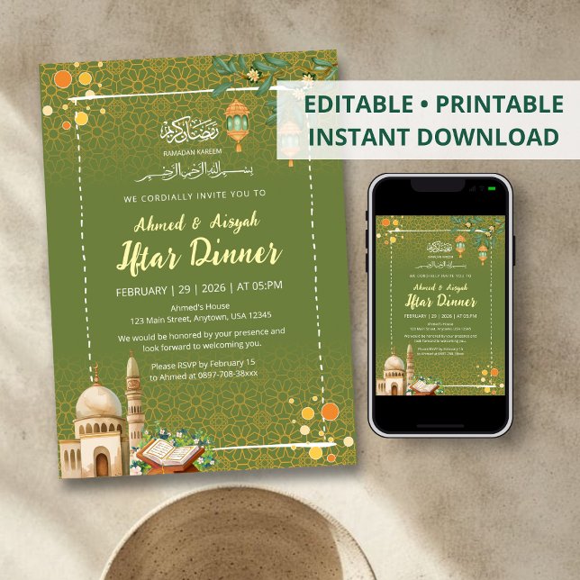 Sage Green & Gold Mosque Ramadan Iftar Invitation Einladung (Von Creator hochgeladen)