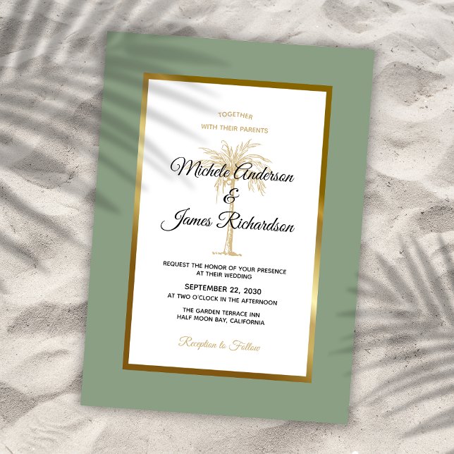Sage Green Gold Palm Tree Tropical Beach Hochzeit Einladung (Sage Green Gold Palm Tree Tropical Beach Wedding Invitation)
