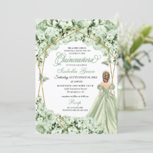 Sage Green Gold Princess Dress Quinceanera Einladung