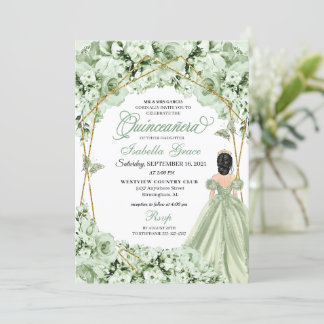 Sage Green Gold Princess Dress Quinceanera Einladung