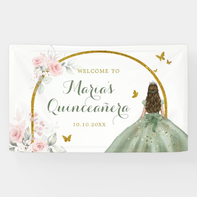 Sage Green Gold Princess Quinceñera Butterfly Banner (Horizontal)