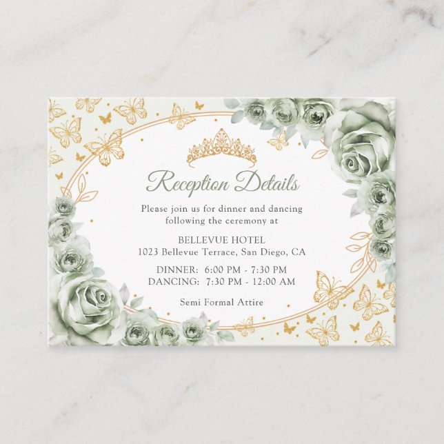 Sage Green Gold Quinceanera Reception Details Begleitkarte (Vorderseite)