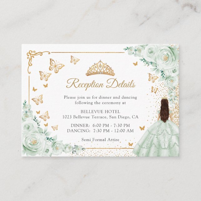 Sage Green Gold Quinceanera Reception Details Begleitkarte (Vorderseite)