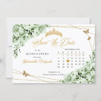 Sage Green & Gold Quinceñera Save the Date Einladung