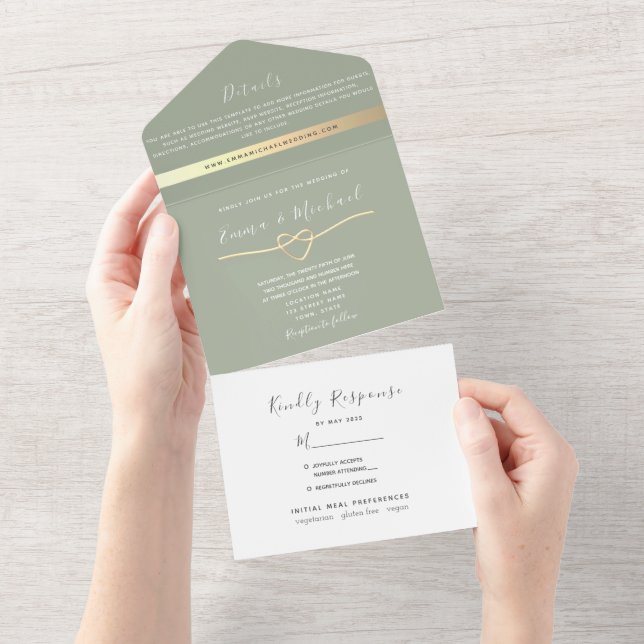 Sage Green Gold Rope Heart Wedding All In One Einladung (Abreißen)