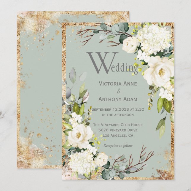 Sage Green Gold Rustic Floral Wedding Einladung (Vorne/Hinten)