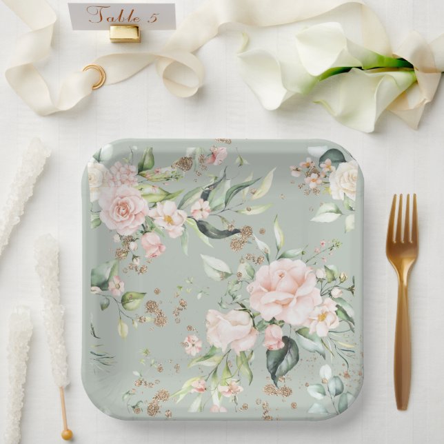 Sage Green Gold Wasserfarben Floral Botanisch Pappteller (Hochzeit)