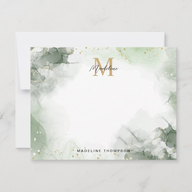 Sage Green Gold Watercolor Splash Script Monogram Mitteilungskarte (Vorderseite)