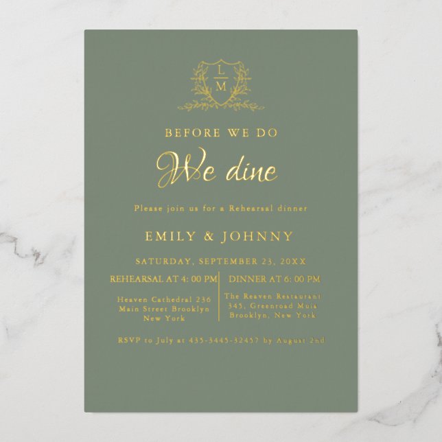 Sage Green & gold Wedding Rehearsal dinner Folieneinladung (Vorderseite)