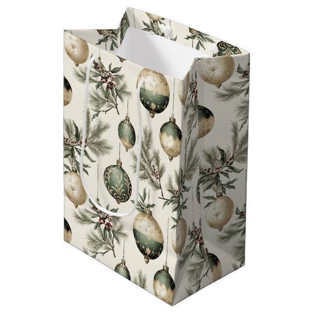 Sage Green Gold Weihnachtsschmuck Wein Klein und Mittlere Geschenktüte (Vorderseite Schrägansicht)