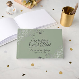 Sage Green & Gray Frilly Filigree Elegante Wedding Gästebuch