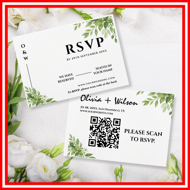 Sage Green Greenerity Blätter QR Code Wedding RSVP Karte (Von Creator hochgeladen)