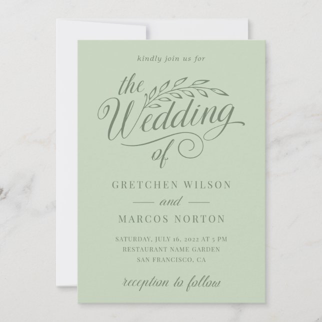 Sage Green Greenery Elegante Calligrafy Wedding Einladung (Vorderseite)