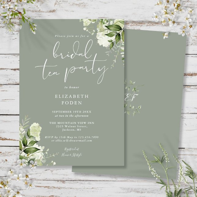 Sage Green Greenery Monogram Bridal Tea Party Einladung (Sage Green Greenery Monogram Bridal Tea Party Invitation)