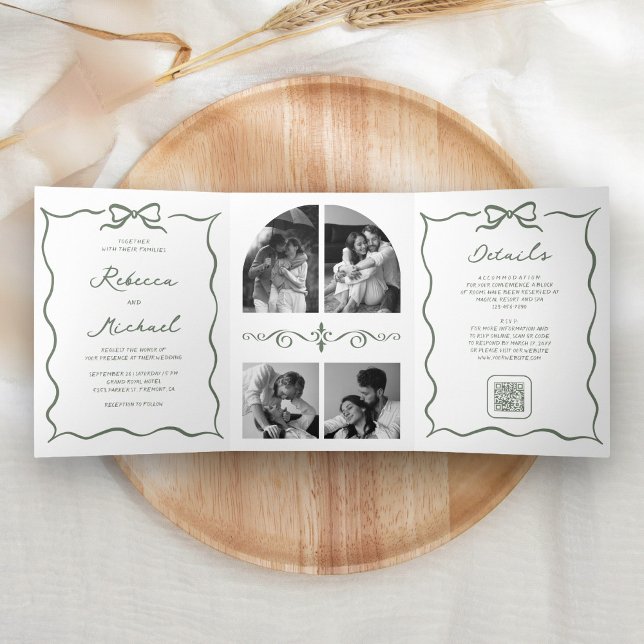 Sage Green Hand Drawn Bow QR Code Photo Wedding Dreifach Gefaltete Einladung (Von Creator hochgeladen)