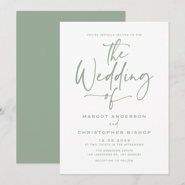 Sage Green Hand Letter Calligrafy Wedding Einladung (Vorne/Hinten)