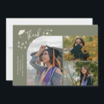 Sage Green Hand Written Thank You Multi Photo Ankündigung<br><div class="desc">Modern and whimsical graduation announcement photo card featuring 3 photos on the front and 1 on the back. The text says "Thank You" with twinkling stars. Add the graduate's name,  information,  and message to personalize this card. Sage green.</div>