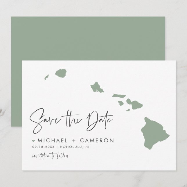 Sage Green Hawaii Map Modernes Minimalistisches Sk Save The Date (Vorne/Hinten)