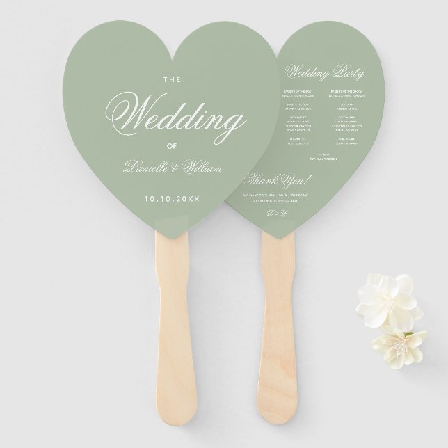 Sage Green Heart Elegante Script Wedding Program H Fächer (Vorne und Hinten)