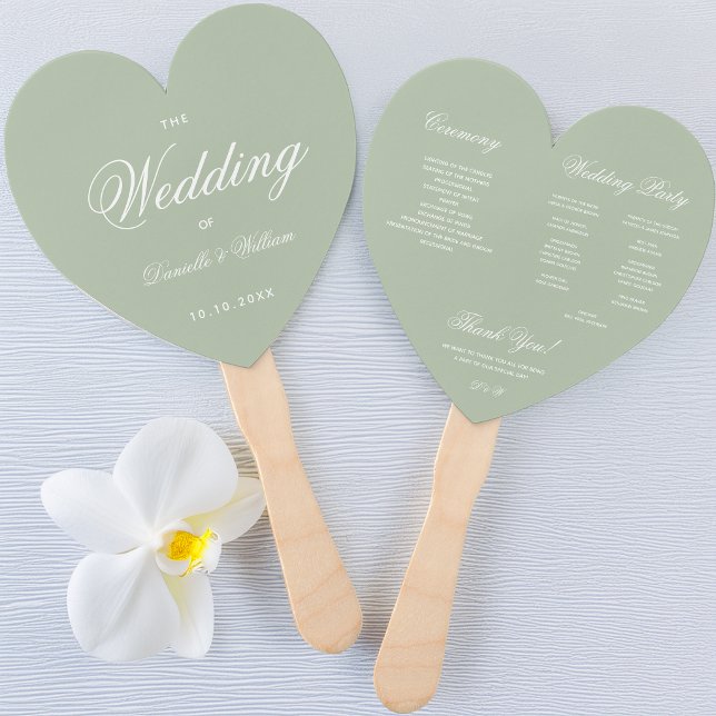Sage Green Heart Elegante Script Wedding Program H Fächer (Von Creator hochgeladen)