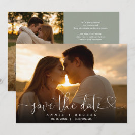 Sage Green Heart Script Foto Hochzeitsskript QR Co Save The Date