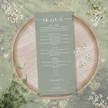 Sage Green Heart Script Wedding Dinner Menükarte<br><div class="desc">Dieses elegante Brausekarte mit dem grünen Weiß kann mit Ihren Informationen in der schicken Typografie personalisiert werden. Entwickelt von Thisisnotme©</div>