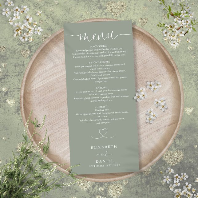 Sage Green Heart Script Wedding Dinner Menükarte (Sage Green Heart Script Wedding Dinner Menu)