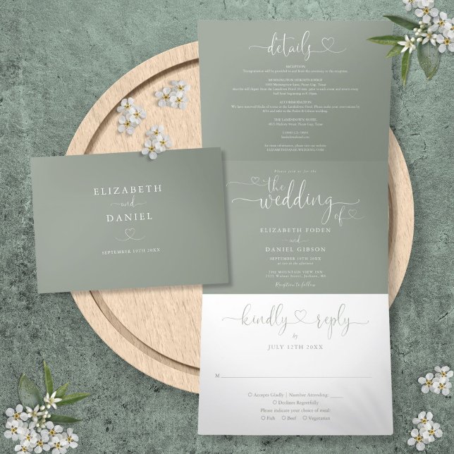 Sage Green Heart Script Wedding Dreifach Gefaltete Einladung (Sage Green Heart Script Wedding Tri-Fold Invitation)