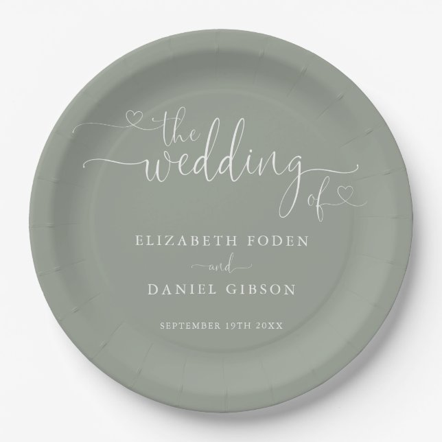 Sage Green Heart Script Wedding Pappteller (Vorderseite)