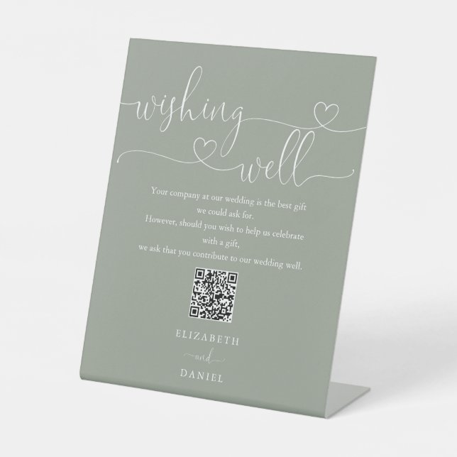 Sage Green Heart Script wünscht QR Code Sockelschild (Vorderseite)