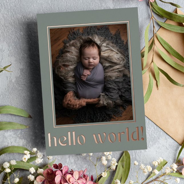 Sage Green Hello World Foto Geburtserklärung Folieneinladung (Von Creator hochgeladen)
